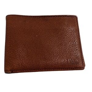 Polo Ralph Lauren Mens Brown Pebbled Leather‎ Bifold Wallet Classic Logo